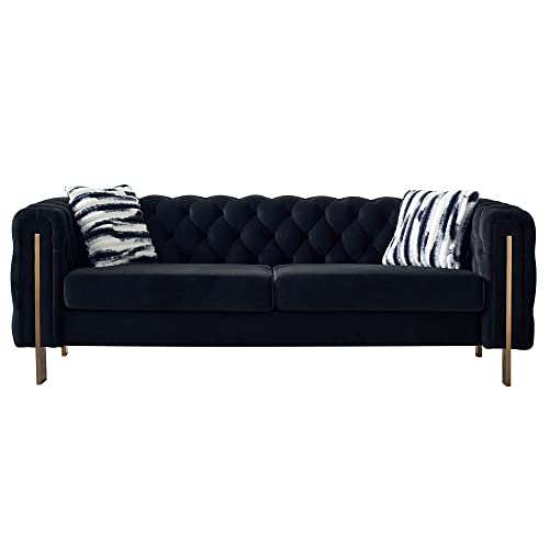 Image of KEIKI 84 inch Chesterfield Velvet Tufted Button Sofa with Removable Cushions and 2 Toss Pillows, Modern 3-Seater Couch with 4 Gold Metal Legs, Easy Assembly, for Living Room, Bedroom, Apartment, Black