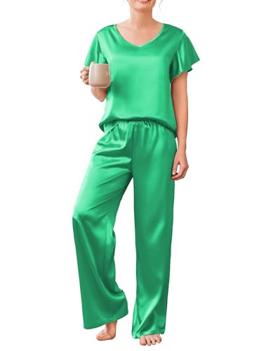Image of Ekouaer Women's Satin Silky Pajama Set 2 Piece Short Sleeve Shirt with Long Pants Pjs Sets Soft PJ Loungewear S-XXL