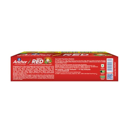 Image of Anchor Herbal Red Ayurvedic Toothpaste 300g (200g+100g) Pack of 2 + Free Toothbrush | 6 Natural Ingredients | Healthy Gums, Plaque Protection & Fresh Breath | 100% Vegetarian
