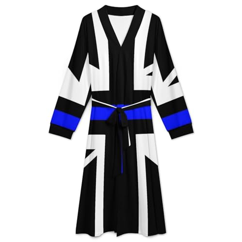 Thin Blue Line United Kingdom Flag Soft Robe Long Sleeve Bathrobes V Neck Sleepwear Spa Robes with Belt Men Woman3