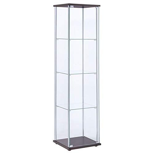 BOWERY HILL 4 Shelf Glass Display Case Cabinet with Chrome Support Beams and Cappuccino Brown Top Base