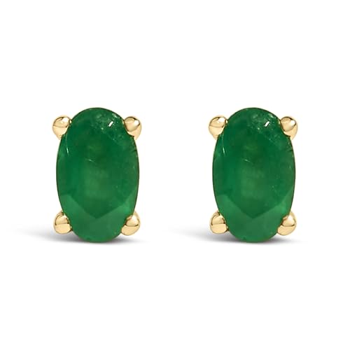 14K Yellow Gold 5x3 MM Oval Green Emerald Solitaire Stud Earrings