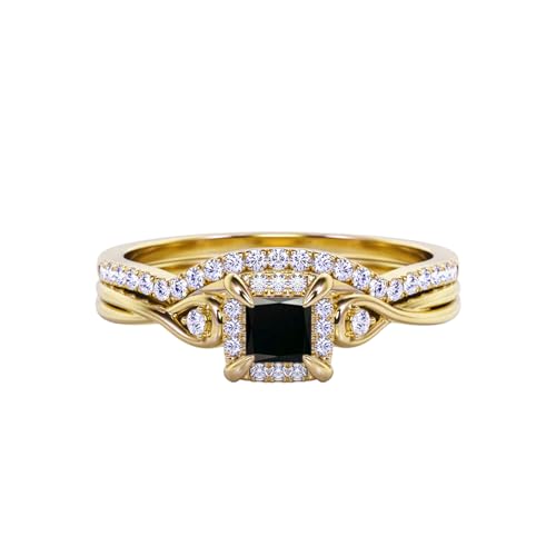 Black Onyx Wedding Ring Set for Women 925 Sterling Silver 10K 14K 18K Gold Halo Bridal Ring Set with 1CT Princess Cut Black Onyx Engagement Ring Set for Women 5