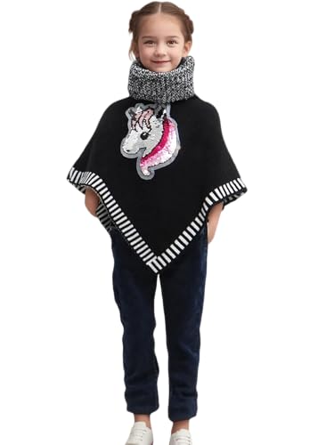 Elim Poncho fille en tricot à col roulé avec paillettes licone de 4 ans à 14 ans (FR/ES, Âge, 12 ans, Taille normale, Noir)