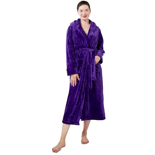 Womens Fleece Hooded Fluffy Bathrobe Plush Long soft cozy Winner Warm fuzzy Spa Robe with deep pockets