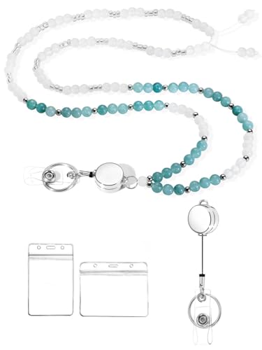COTATI Teacher Lanyard for Id Badges and Keys,Retractable Beaded Cute Lanyards for Women Card Badge Holder (Silver-Green)