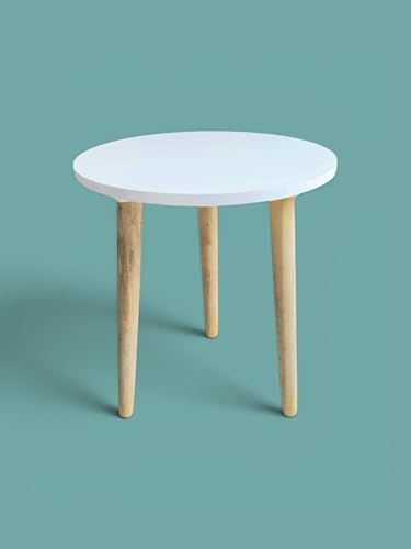 Image of Modern Round Side Table with 3 Wooden Legs, Minimalist End Table /Coffee Table for Living Room, Bedside Nightstand for Bedroom, Balcony & Small Spaces