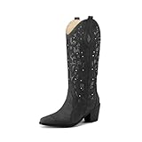 Generisch Damen Stiefel Bestickt Kniehoch - Kombination aus Western Cowboy und Reitstil mit Blockabsatz,Schwarz,39 EU