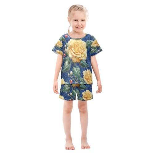 Pajama Sets Short Sleeve Golden Roses on Blue Soft Cotton Summer Sleepwear 2 Piece PJS Size 5-14T4