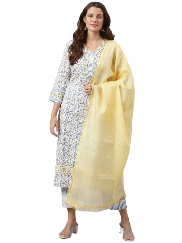 Image of GoSriKi Women's Cotton Blend Straight Printed Kurta with Pant & Dupatta (Mulhar STY-GO)