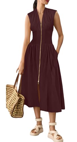Womens Dress Deep V Neck Zip Up Cap Sleeve Smocked Elastic Waist Split Summer Casual Midi Dress with Pockets