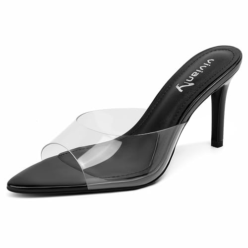 Image of vivianly Clear Pointed Toe Heels Sandals Transparent Strap Stiletto High Heels Slip on Mules for Women