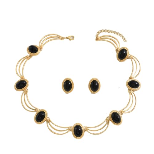 GLIMORA|Black Gemstone Jewelry Set: Gold - Plated Necklace & Earrings, Vintage - Inspired Design, Oval Black Stones, Elegant Party & Evening Wear Accessories