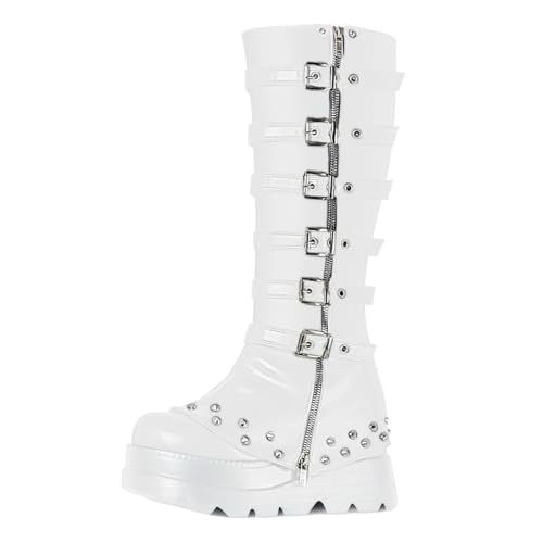 FIFSY Women's Knee High Boots Goth Platform Buckle Boots Punk Wedge Heels Boots Cosplay Party Costume Tall Boots, White US7.5
