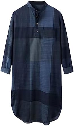 AMTF Mens Plaid Muslim Robe 2023 Fashion Long Button Blouse Oversized Long Sleeve Henley Shirt Curve Hem Tee Shirt