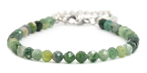 Echtes Moosachat Edelstein Armband mit facettierten 4mm Perlen - Länge verstellbar - Heilstein Schutzstein Edelsteinarmband Glücksbringer Talisman Geschenk (Moosachat, 16-21CM S) Echtes Moosachat Edelstein Armband mit facettierten 4mm Perlen - Länge verstellbar - Heilstein Schutzstein Edelsteinarmband Glücksbringer Talisman Geschenk (Moosachat, 16-21CM S)