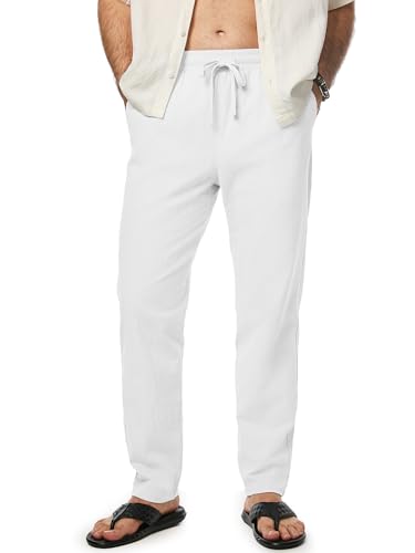 JMIERR Mens Casual 100% Cotton Yoga Pants Linen Elastic Waist Drawstring Summer Beach Lightweight Loose Fit Straight Leg Trousers with Pockets, M, White