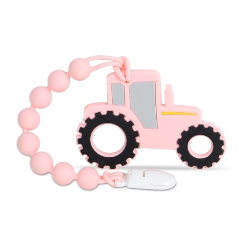 Baby Tractor Teething Toys,Food Grade Silicone Teether with One-Piece Pacifier Clip Holder,Baby Gift,Highly Effective Pain Relief for 3 Months+ Boy and Girl,BPA Free,Freezer Safe. (Pink)