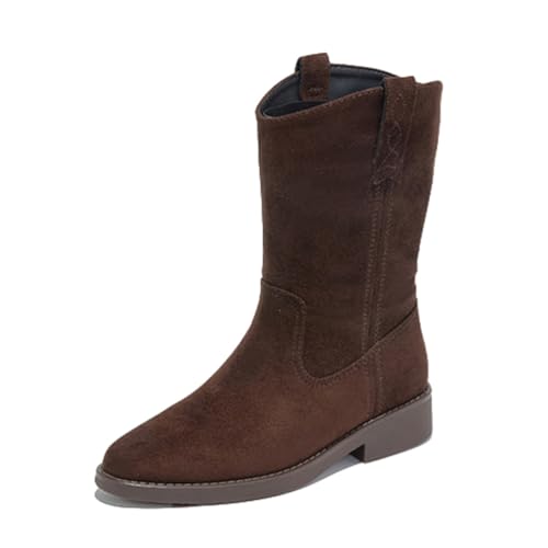 sekiueo Botas Vaqueras Mujer Puntera Puntiaguda Botas De Ante A Media Pantorrilla Botines De Tacón De Bloque Sin Cordones,Brown b,36 EU