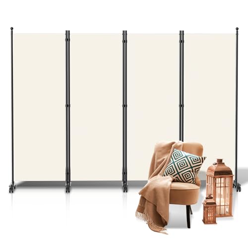 Fiqops Biombo para exteriores con ruedas, 4 piezas, 228 x 181 cm, resistente a la intemperie, para exterior y oficina, color beige