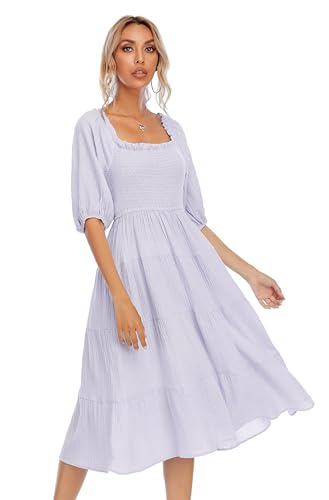 Image of R.Vivimos Women's Summer Cotton Lantern Sleeves Ruffled Off Shoulder A-Line Midi Dresses