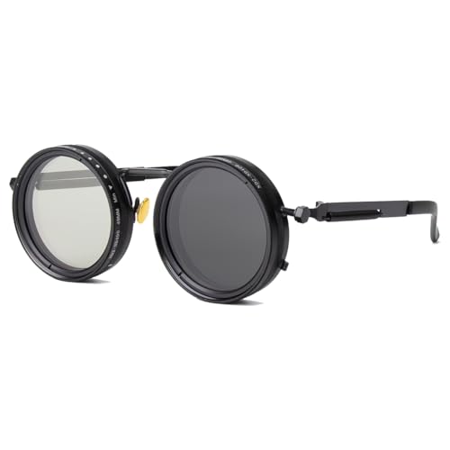 OUANGANC Adjustable Tint Sunglasses 9 Gears Manual Dimming Mens Sunglasses UV Protection Steampunk Round Frame Universal for mountaineering & Fishing (Black Frame - Black Gray Lenses)
