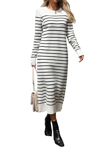 Image of Long Sweater Dress for Women Loose Knitwear Striped Long Dresses Stylish Autumn and Winter Outfits