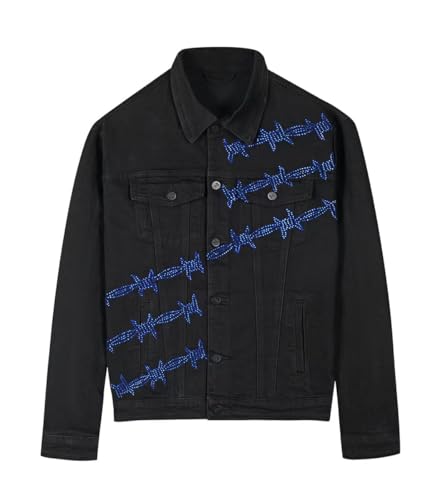 Image of SHION7 Men's Denim Jacket, Slim Fit Streetwear Jean Jackets For Men, Fashionable Embellished Rhinestone Jeans Coat