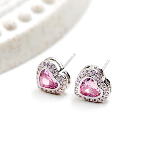 Yongxu CUBIC ZIRCON EARRINGS Elegant Pink Heart-Shaped Cubic Zirconia Earrings | Sparkling Luxury Cz Stud Earrings For Women | Romantic Gift For Her Valentine'S Day Birthday Anniversary thumb #2