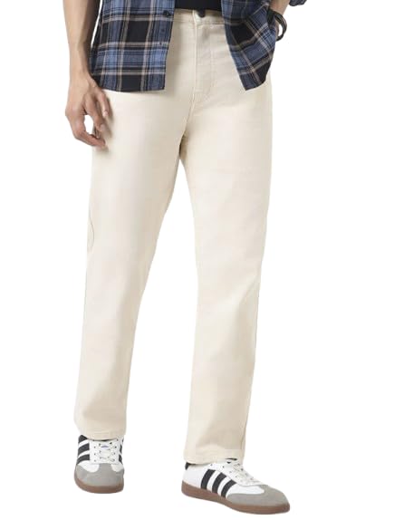 Indivane Beige Relaxed Loose Fit Jeans for Men | Mid Rise Baggy Streetwear Denim Pants | Korean Fashion Straight Fit Pants-image-2