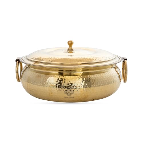 Image of INDIAN ART VILLA Brass Degchi with Hammered Design & Tin Lining, Traditional Cookware for Slow Cooking, Serving Curries, Biryanis, and Festive Meals, 4000 ML