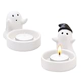 Set of 2 Cute Ghost Tealight Candle Holders, Halloween Decorations Indoor, Small Cartoon Ceramic Taper Tealight Candle Holder for Home Office Party Wedding Holiday Decor Gift, Not Included Candle