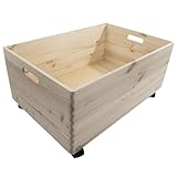 WooDeeDoo Extra-Large Deep Wooden Storage Box with Wheels and Handles – Open-Top Crate Container for Toys Tools Crafts or Household Organisation – Unfinished DIY-Ready Wood – 59.5 x 39.5 x 28.5 cm