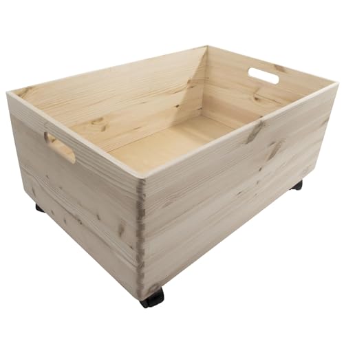 WooDeeDoo Extra-Large Deep Wooden Storage Box with Wheels and Handles – Open-Top Crate Container for Toys Tools Crafts or Household Organisation – Unfinished DIY-Ready Wood – 59.5 x 39.5 x 28.5 cm