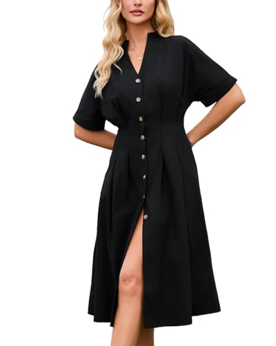 YEXPINE Women's Button Front Pleated Shirt Dress Short Sleeve V Neck Cotton Midi Dresses with Pockets Black