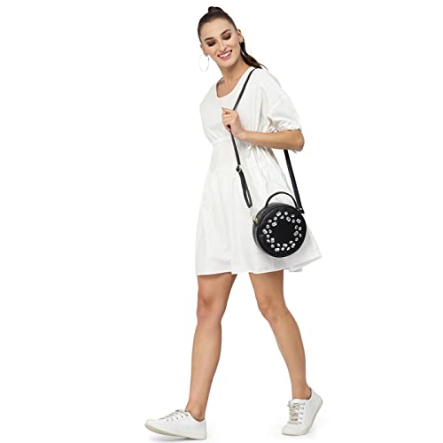 Image of Bagsy Malone Round Sling Crossbody Bag For Women| Beautiful Print Vegan Leather Purse With Slip Pocket Inside| Zip Closure & Adjustable Strap| Storage Space For Essentials