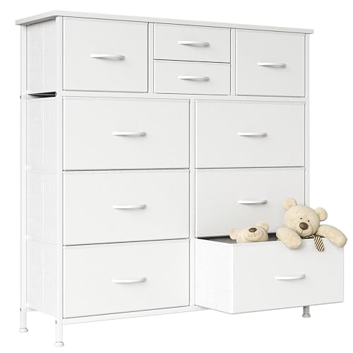 MUTUN Kommode für Schlafzimmer, hohe Lagerung Tower Standing Organizer mit 10 Stoff Schubladen, stabilem Metallrahmen, Veranstalter Einheit für Wohnzimmer Flur Schrank, 100 x 30 x 98 cm, weiß