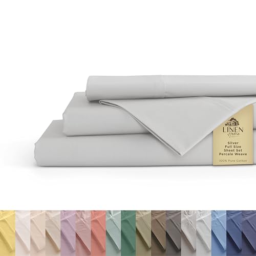 Image of Linen Home 100% Cotton Percale Sheets Full Size, Silver, Deep Pocket, 4 Pieces Set - 1 Flat, 1 Deep Pocket Fitted Sheet and 2 Pillowcases, Crisp Cool and Strong Bed Linen