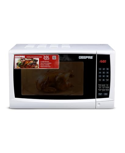 Geepas 20L Digital Microwave Oven | Sleek Countertop Design with LED Display Touch Control Panel One-Touch Menus Defrost & Reheat Low Noise Child Lock GMO1895
