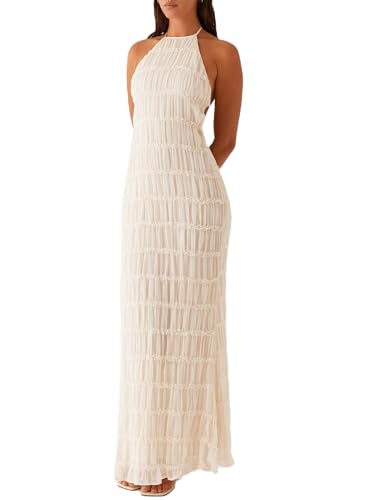 Women Y2k Backless Long Dress Halter Tie Neck Maxi Dress Flowy Beach Sundress Summer Streetwear(A Apricot,s)