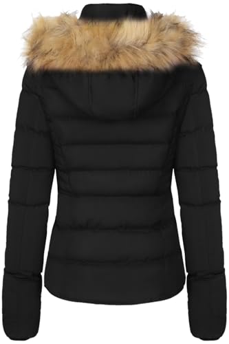 BodiLove Damen Utility-Jacke mit Fellkapuze und Reißverschluss und Fleecefutter, Schwarz, Größe XL