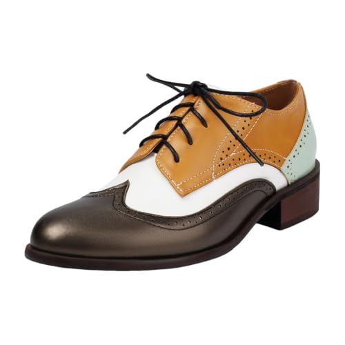 Zapatos de cuero planos con tacón de bloque y punta de alas para mujer