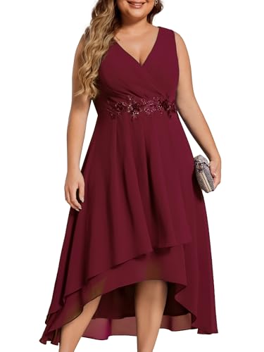 Image of Ever-Pretty Plus Women's V Neck Applique Chiffon Pleated Sleeveless Midi Plus Size Cocktail Party Dresses