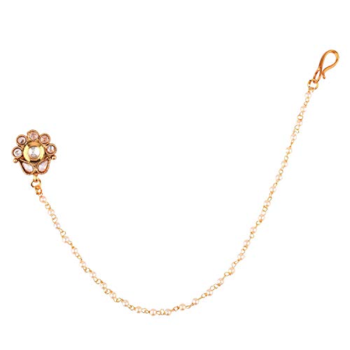 Efulgenz Indian Bollywood Crystal Kundan Bridal Nose Ring Hoop Pin with Pearl Chain Wedding Bridal Nath No Piercing Jewelry Accessories (Style 6)