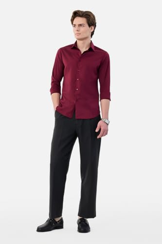 Image of SNITCH Men Formal Shirt | Tailored Slim Fit Full Sleeve Spread Collar Solid Style | Breathable Polyester Viscose Blend Twill Fabric for Office & Evening