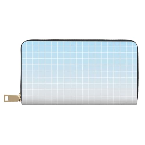 Leather Thin Slim Wallets for Women & Men - Blue Ombre Grid Print Card Wallet Holder with Zipper
