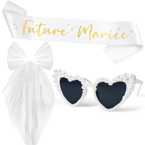 Accessoire EVJF Future Mariée Voile Écharpe Lunette Coeur avec Perles - Kit Enterrement de Vie de Jeune Fille avec Boîte pour Fête Déguisement EVJF