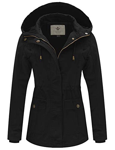 WenVen Women's Spring Cotton Military Coat Anorak Hooded Jacket(Black, L)