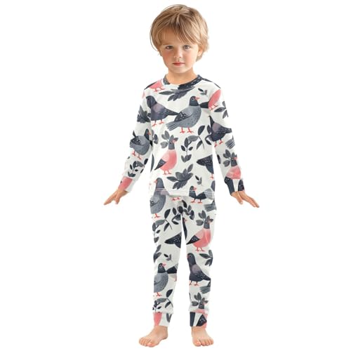 Pajama Sets Long Sleeve Birds Leaves Pattern Print Soft Comfy Sleepwear 2 Piece PJS 3-8T2