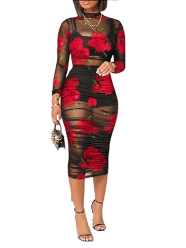 Women Sexy See Through Sheer Mesh Bodycon Midi Dress Long Sleeve Shorts 3 Piece Outfits Set Floral Print Cover Up